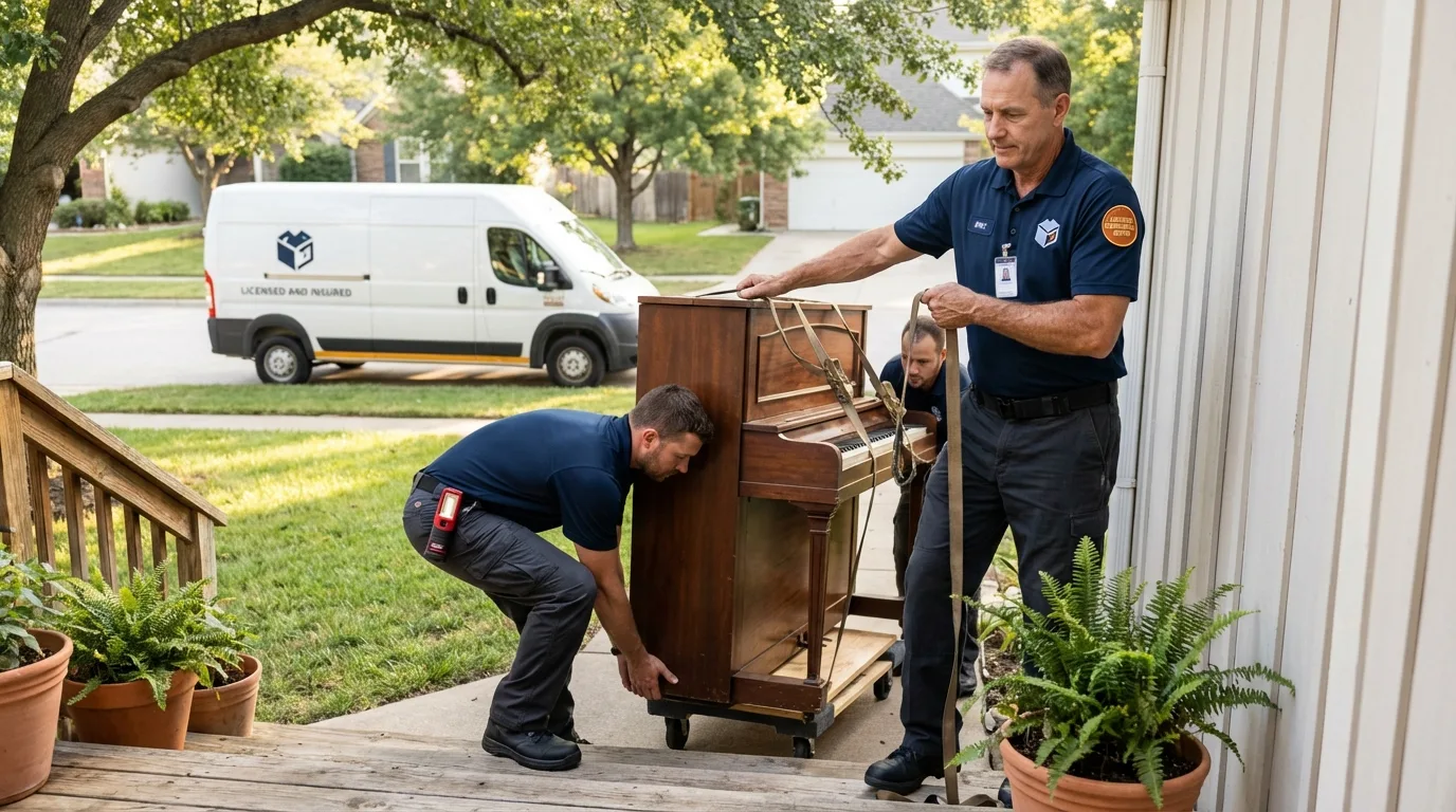 Licensed piano movers securing grand piano in Lexington, MS