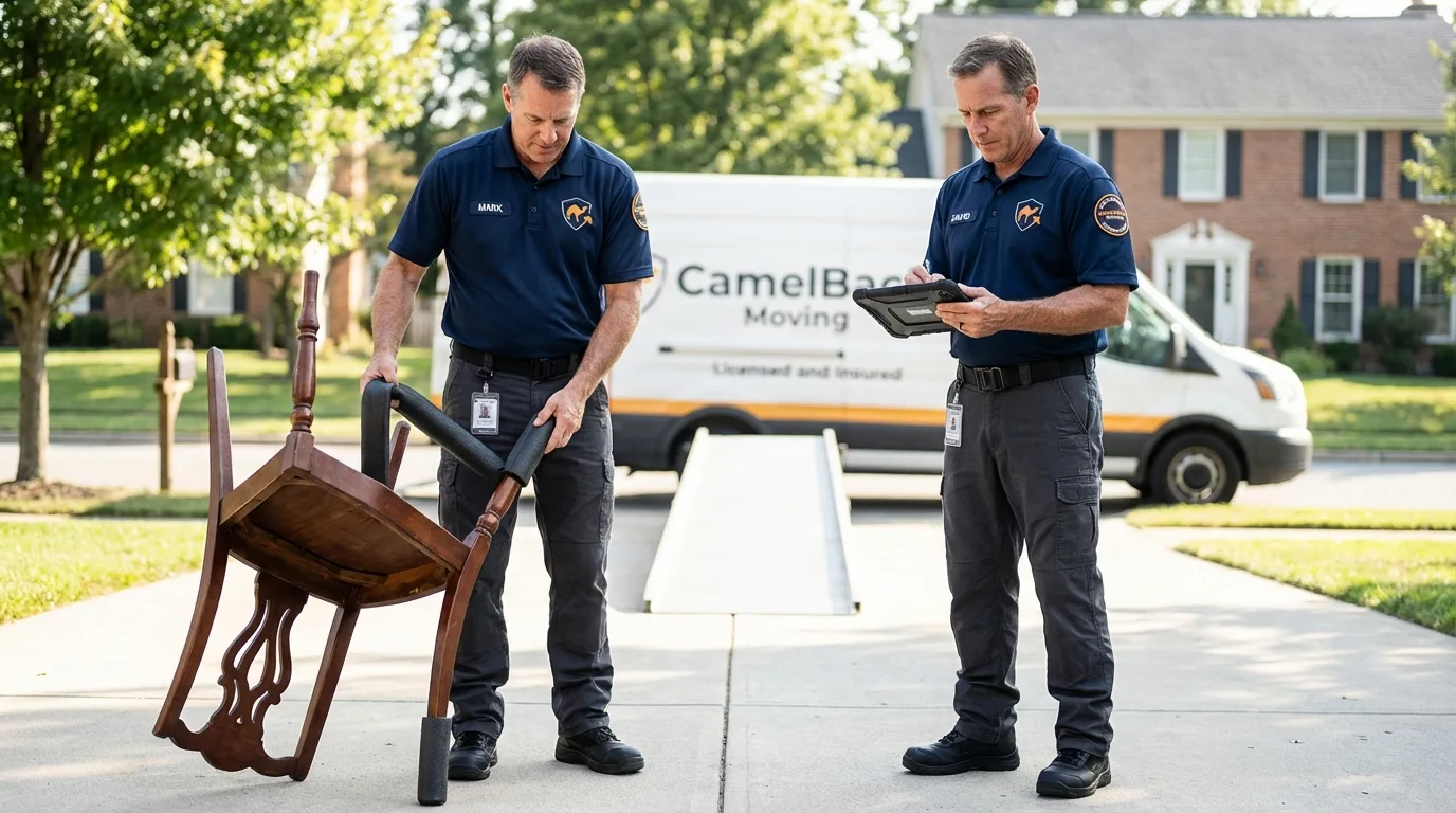 Movers inspecting furniture for damage prevention before loading in Lexington, MS