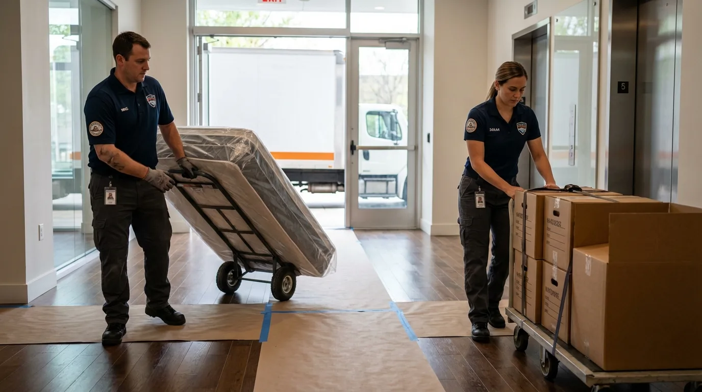 Professional apartment movers loading elevator in Lexington, MS